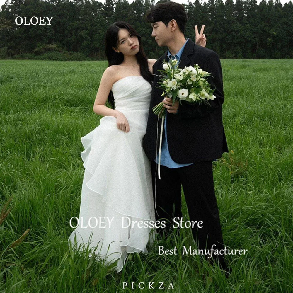 

OLOEY Simple Strapless Silk Organza Wedding Dresses Korea Photoshoot Pleats Garden Bridal Gowns Corset Back Floor Length