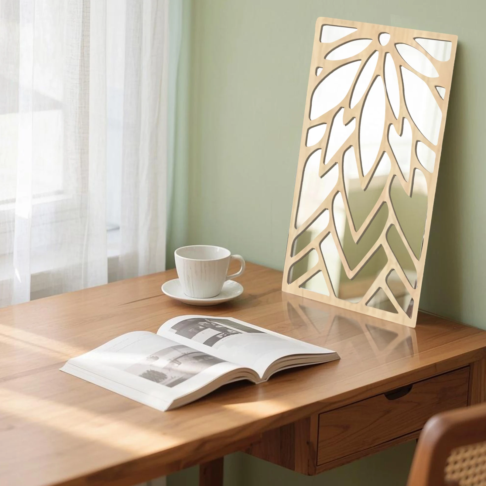 3Pcs 2D 16in Wooden Acrylic Double-Layer Wall Mirror Hollow Leaf Design Refined Lifestyle Artistic Home Decorative Mirror