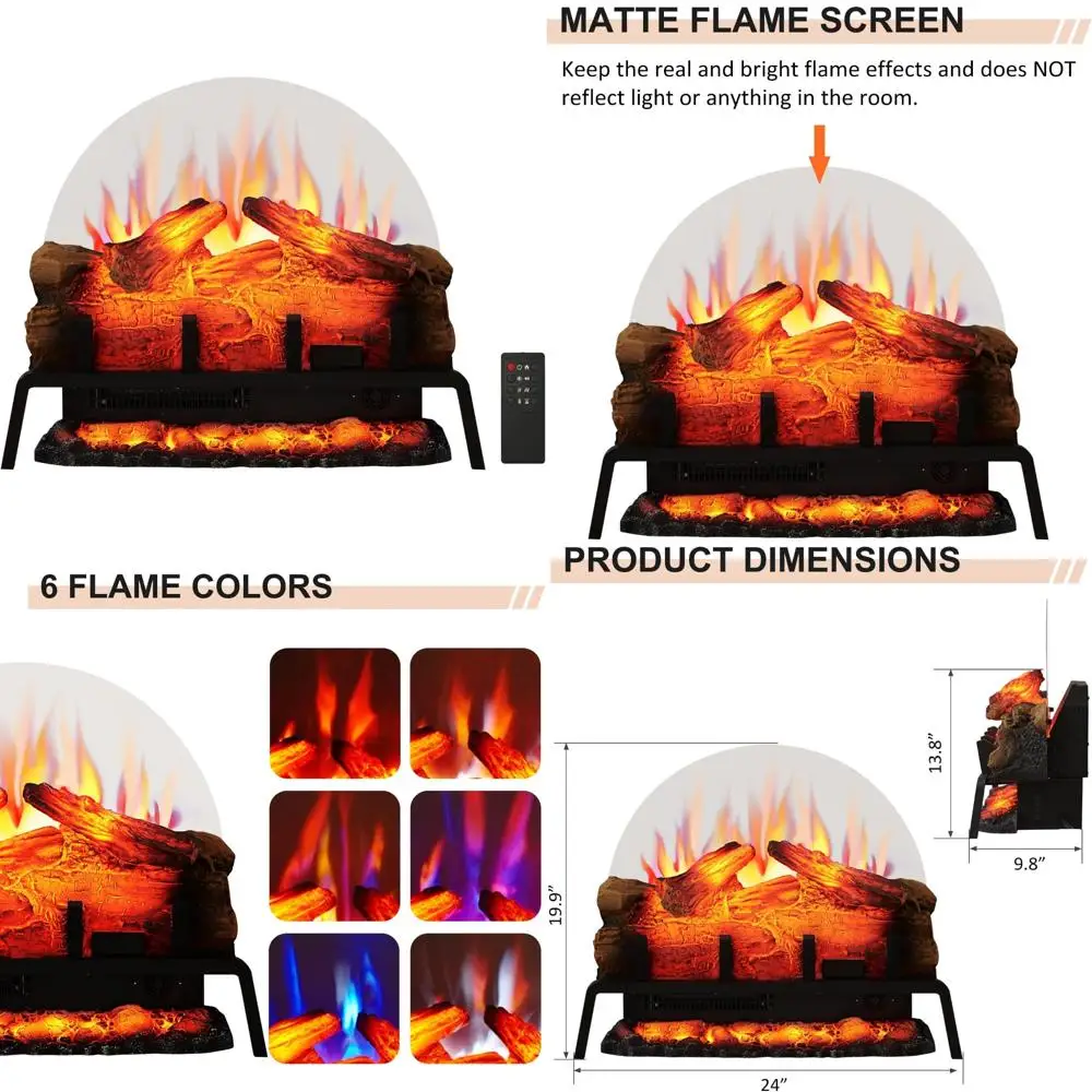 

PuraFlame 24-Inch Freestanding Electric Fireplace with Log Set, Adjustable 750W/1500W Heat, 6 Flame Colors and 5 Brightness Leve