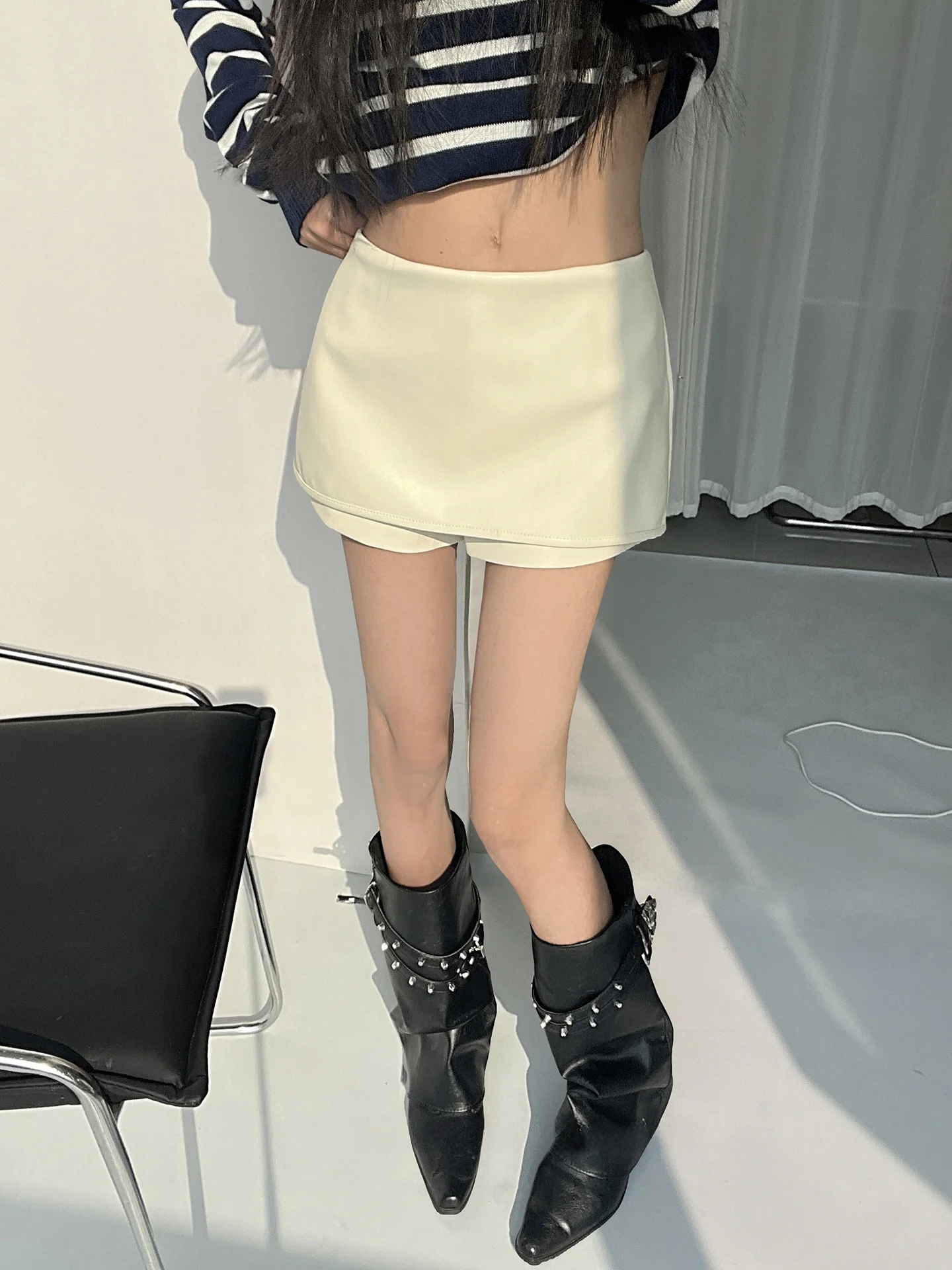 Low Waist PU Leather Skirt Pants Women's A-Line Two-Way Wear Side Zipper Korean Style Casual Fashion Skirt Pants