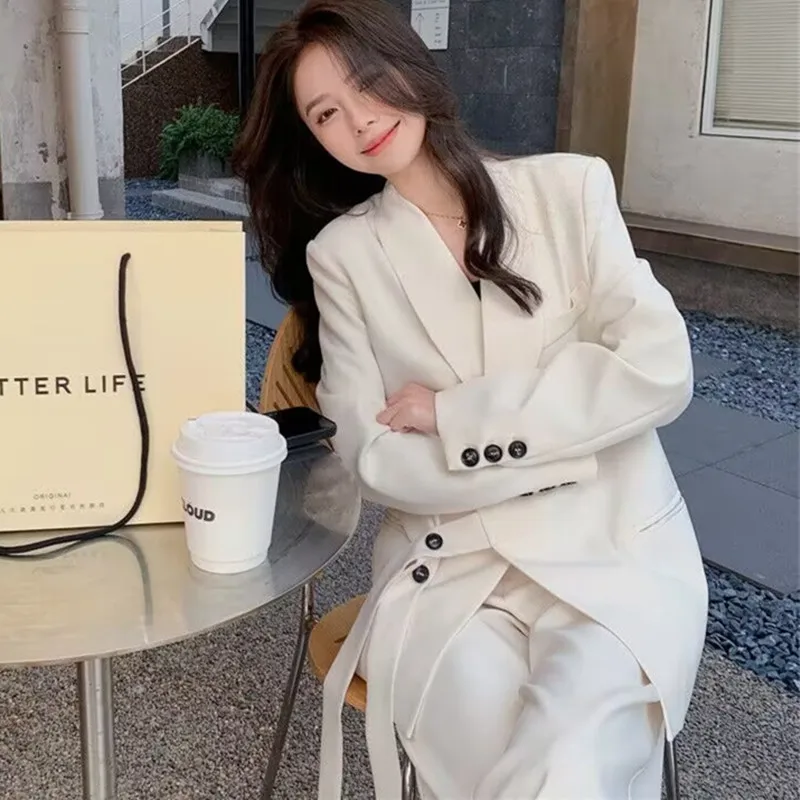 2 Piece Suit Set Women Elegant Solid Blazer Jacket Lapel Lace Up Buttons Wide Leg Long Pants Loose Outerwear Work Autumn Winter