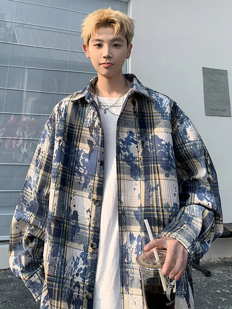 

Plaid Men's Coat Winter New American High Street Loose Collar irt Teenage Trend Top Wear Resistant Warmth Long Sve Button