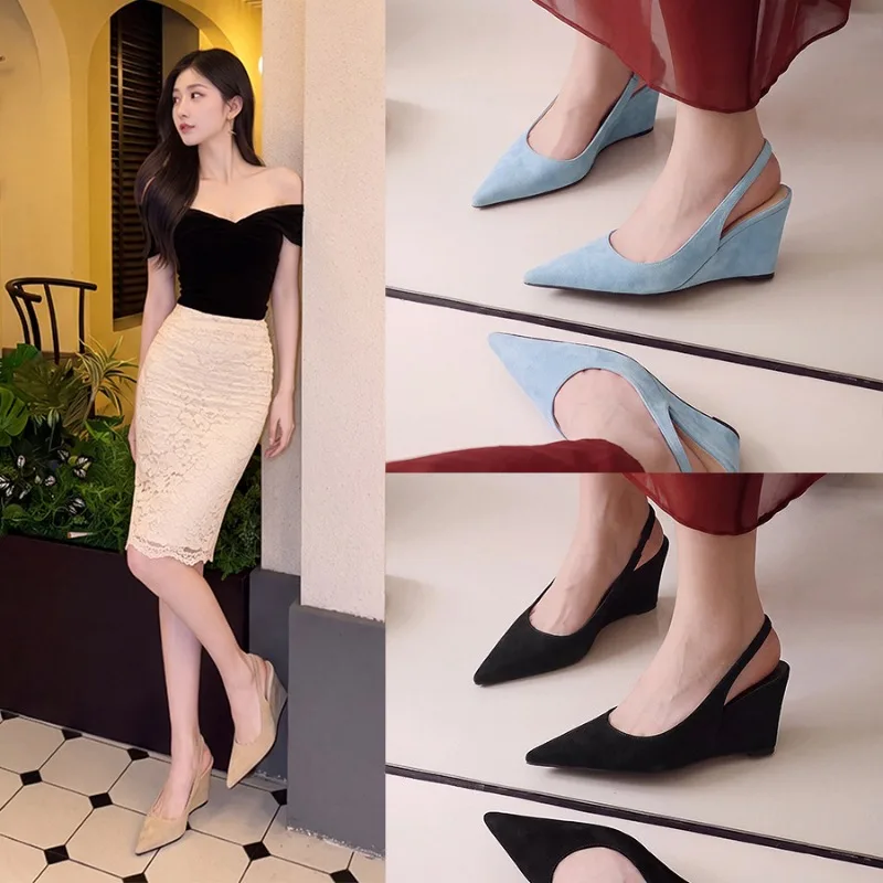 Women Shoes High Heels Pumps Pointed Toe Suede Wedge Heel Backless Strap Elegant Shoes For Woman