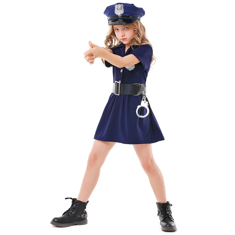 

Children Girls Policeman Dress Cops Police Officer Button Dress Belt Hat Set Kids Halloween Cop Cosplay Police Role Play Outfit