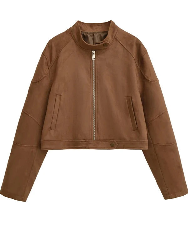 

Американский ретро воротник-стойка на молнии, замшевый женский жакет, свободный утягивающий универсальный топ из полиэфирного волокна, длинный све