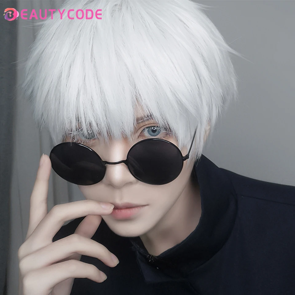 BEAUTYCODE Fashion Men's Short Wig Silver White Hair Synthetic Wig With Bangs Men Ladies Boys Cosplay Costume Anime Halloween