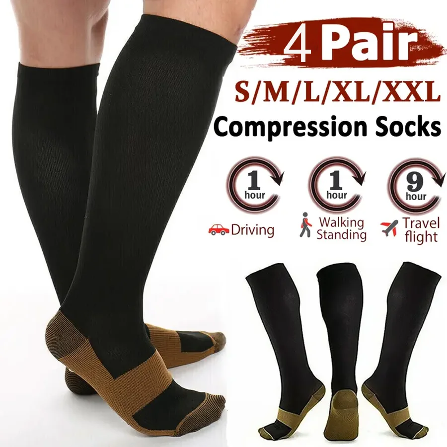 

4 pairs copper compression socks for men and women for travel, running, cycling, nurses, and pregnant women mid-calf socks.
