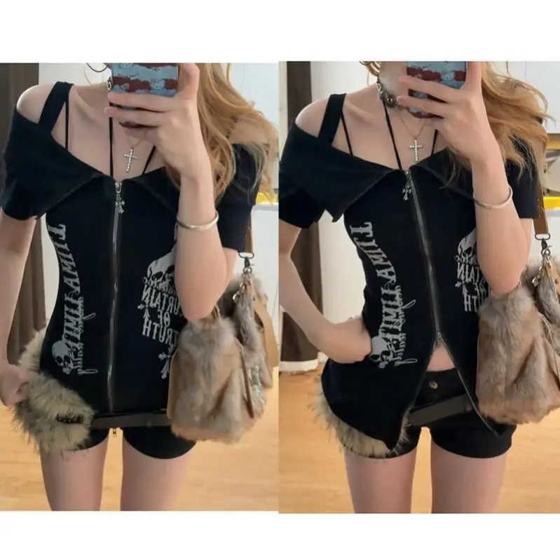 Y2K American Spicy Girl Design Zipper One oulder Or Sve T-shirt Donna Estate Apy Cultural Bla Strap Faion Set