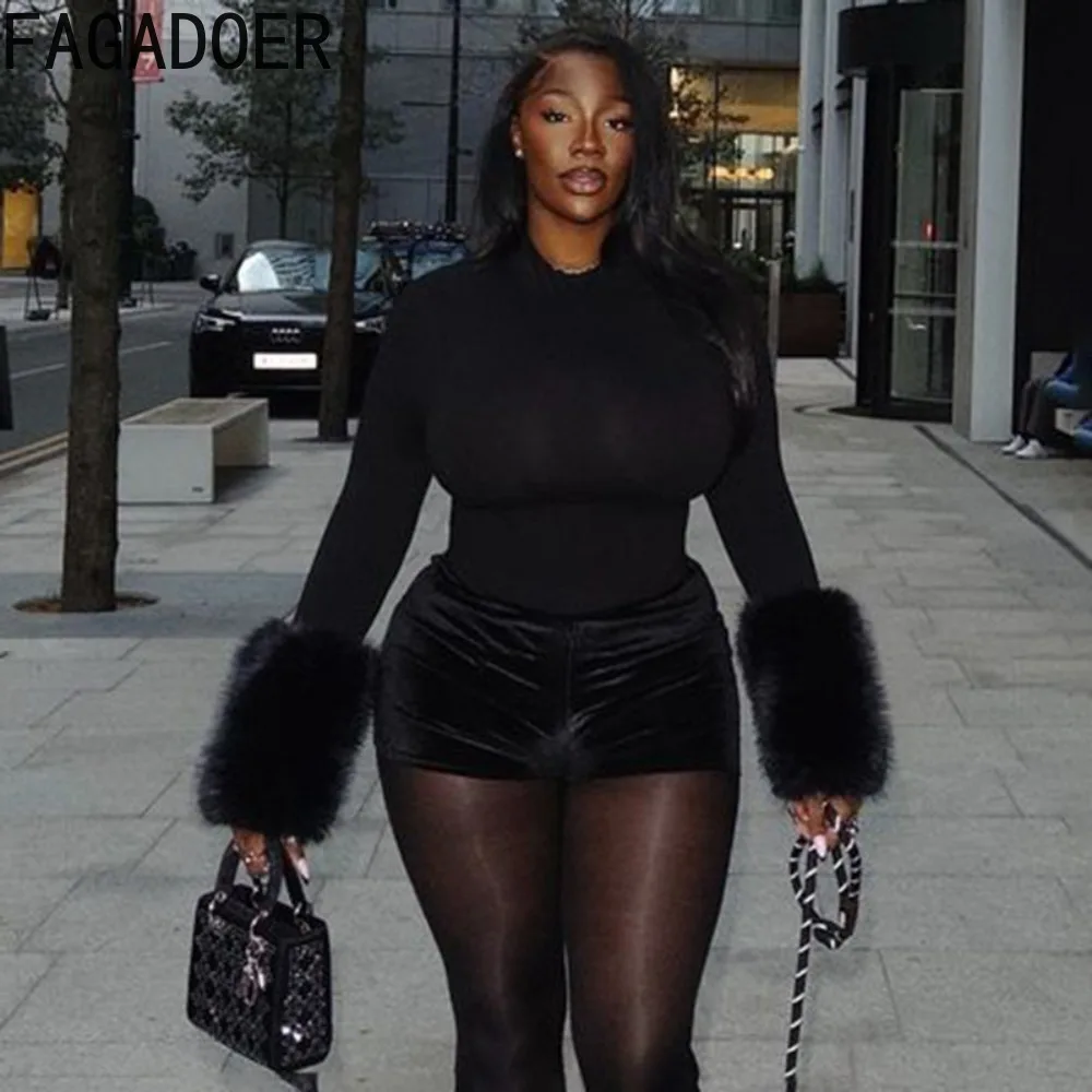 FAGADOER شتاء جديد مثير الفراء المرقعة 2 قطعة مجموعة للمرأة وتتسابق طويلة الأكمام Bodycon Playsuits + السراويل الإناث الشارع الشهير #2