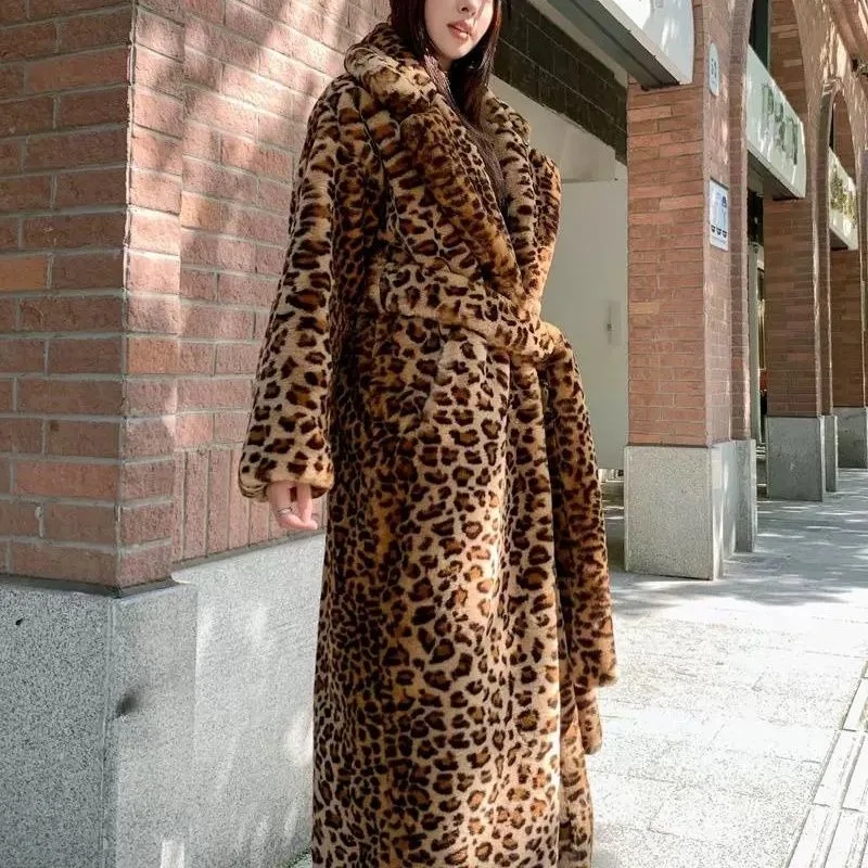Imitation Fur, Leopard Print Environmentally Friendly Fur Long Loose Suit Collar Fluffy Jacket Knee Coat Lapel