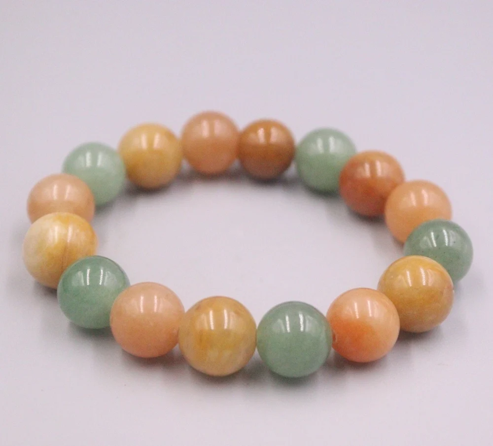 

100% Natural Jade Women Lucky Green Yellow Round Beaded Elastic Bracelet
