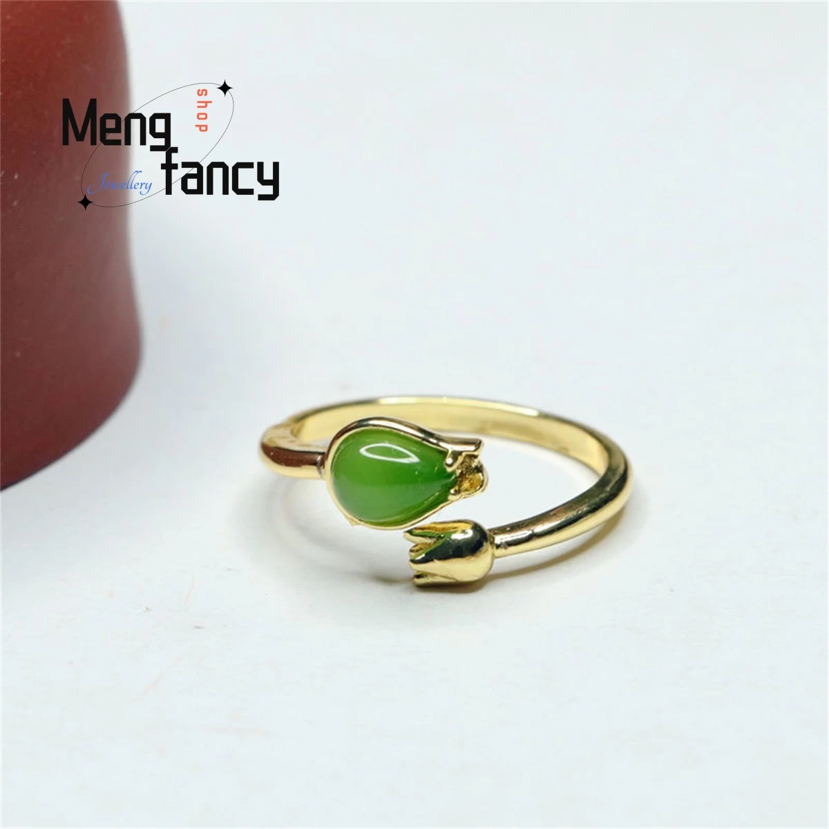 

Natural Hetian Jasper Lotus Spinach Green Opening Adjustment Ring Simple Generous Personality Retro Ethnic Style Fashion Jewelry