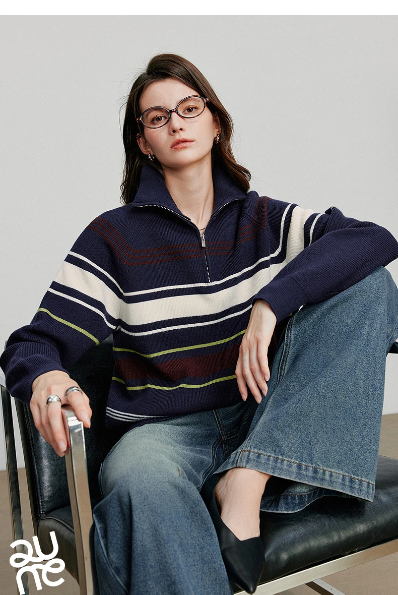 TOYOUTH Women Knitted Sweater 2026 Autumn New Fashionable Style Striped Zipper High Collar Woolen Pullover Sweater Tops