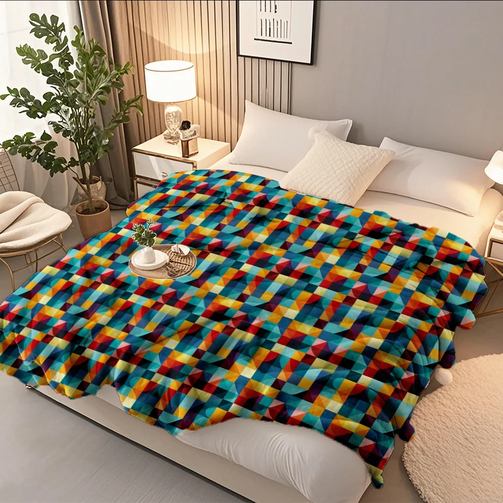 

Quality Flannel Bed Blanket Deeply Colored Geometric Figures Minimalist Faux Fur Throw Quilted Bed Runner Skin-friendly