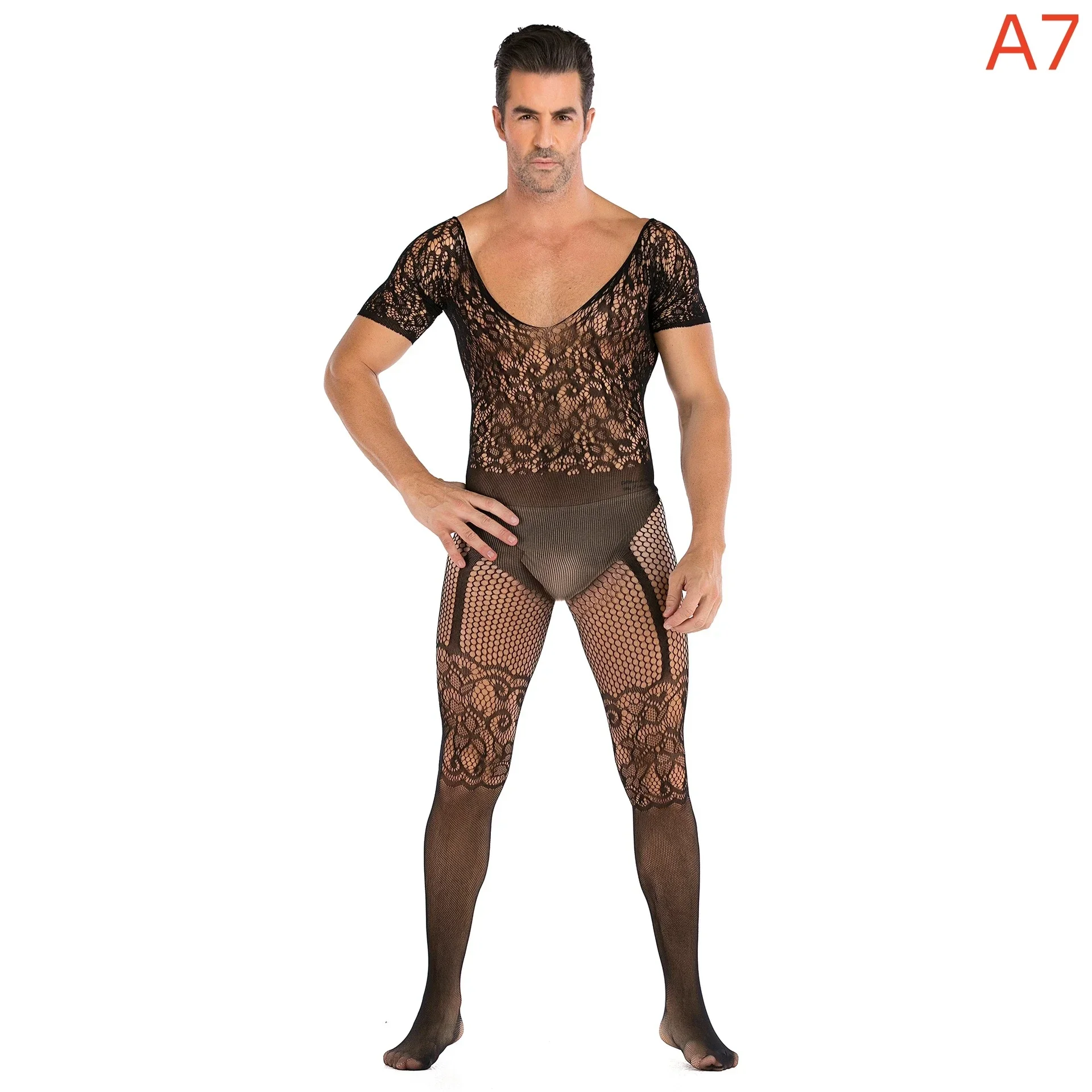 Plus Size Men\'s Black Sexy Lingerie Fishnet Body Stockings Male Underwear Exotic Lingerie for Man Open Crotch Transparent Tights