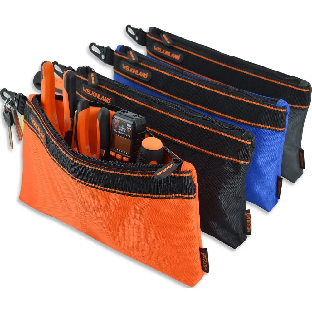 Multi-Task Spacious Small Zippered Tool Pouches 4-Pack Set Orange Black Grey Blue Clip-On Electricians Bag