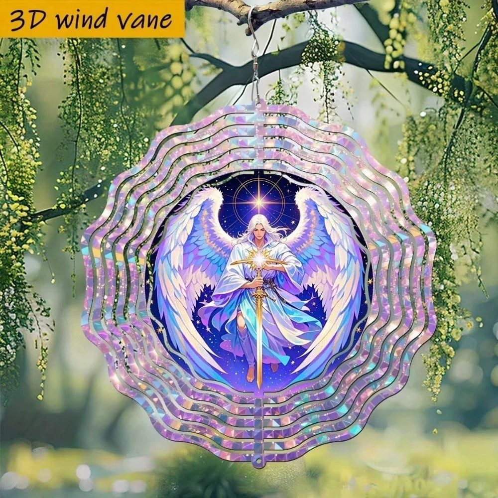CIFbuy 3D Metal Wind Chime Sword Wielding Archangel 360 Degree Rotatable Hook Retro Art Style Waterproof Anti Fade Indoor Outdoo