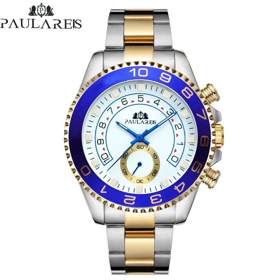 Automatic Self Wind Mechanical Stainless Steel Strap Casual Yellow Gold Silver Blue Bezel Master Business Men Watch