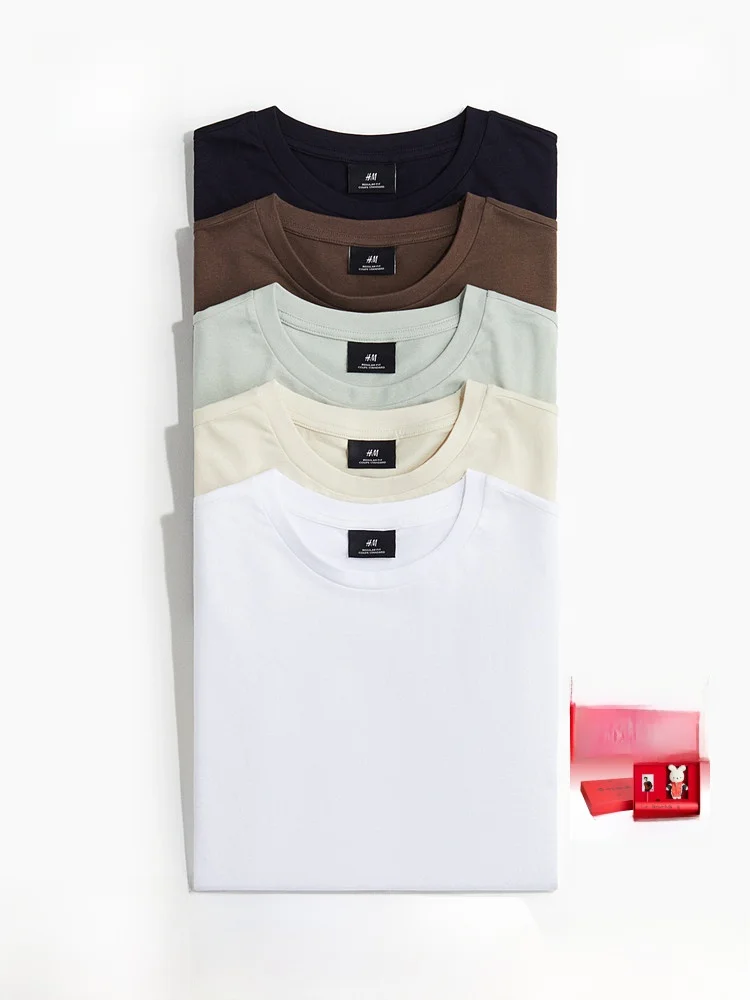 

Мужские футболки H&M, 5 шт., весенняя коллекция, повседневные, с коротким рукавом, базовые, простые, 100% хлопок, с круглым вырезом, базовая модель