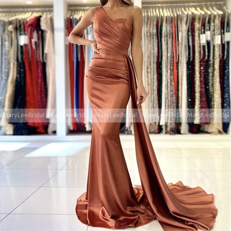 Robes de soirée sirène marron caramel avec long ruban, tenue de soirée de standing, asymétrique, épaule dénudée, froncée, brillante, marron Caramel, avec ruban Long, 2022,robe de soirée de mariage