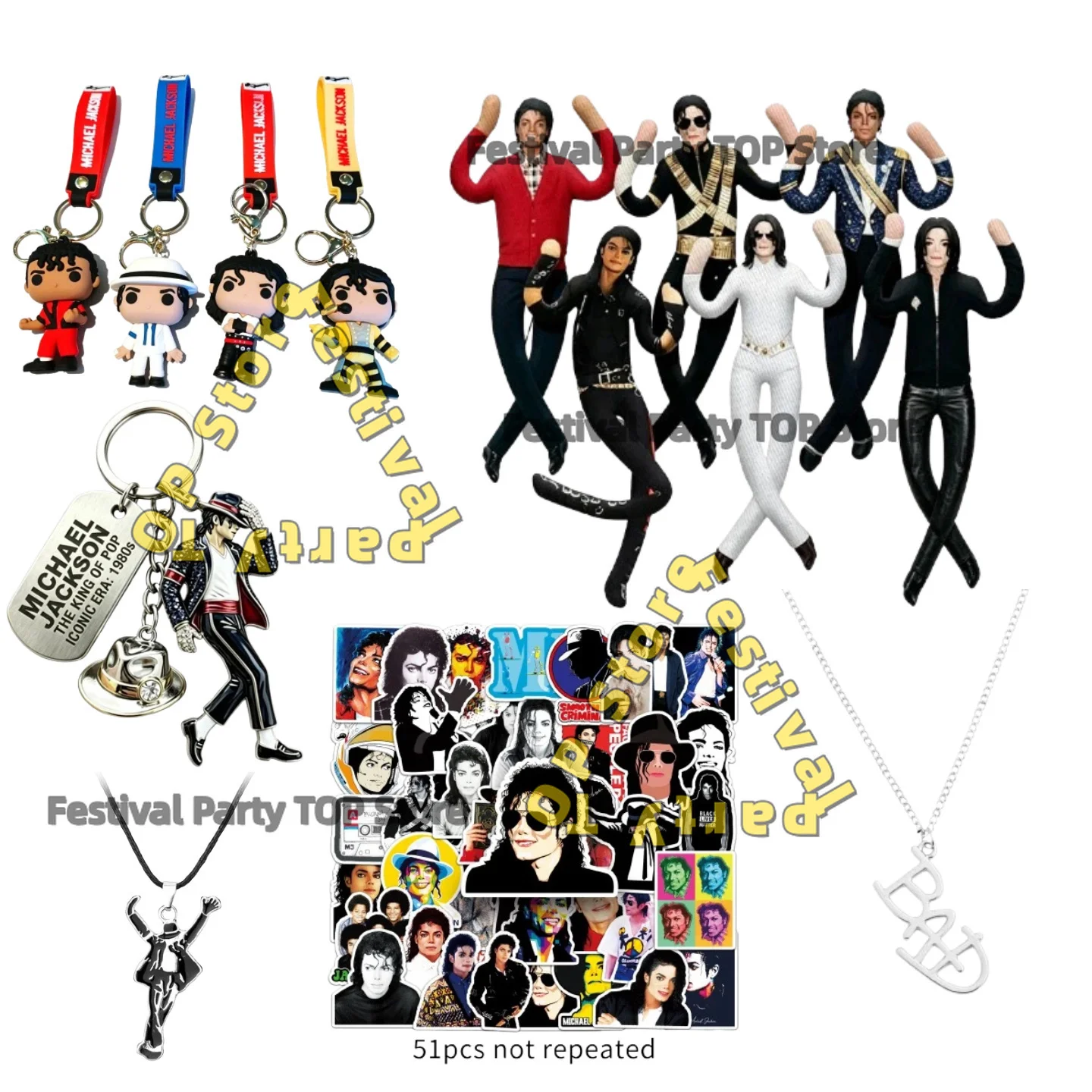New Michael Jackson King of Pop Action Figure Doll, Punk Enamel Stickers, Pendant Necklace & Keychain Gift Set for Fans Party