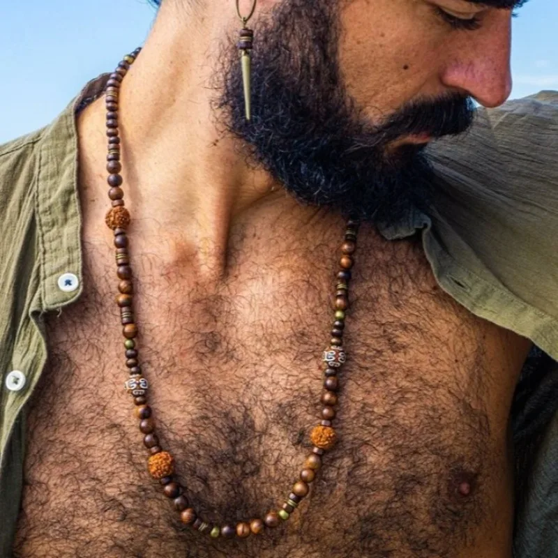 Bohemian Coconut Wood Bead Necklace for Men Boys,Vintage Walnut Shell Long Collar,Summer Vacation Accessories