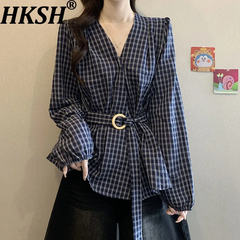 

HKSH Autumn New Women Shirt Plaid Long Sleeve V-neck Waistband Elegant Temperament High Street Office Lady Tide Chic Top HK11980