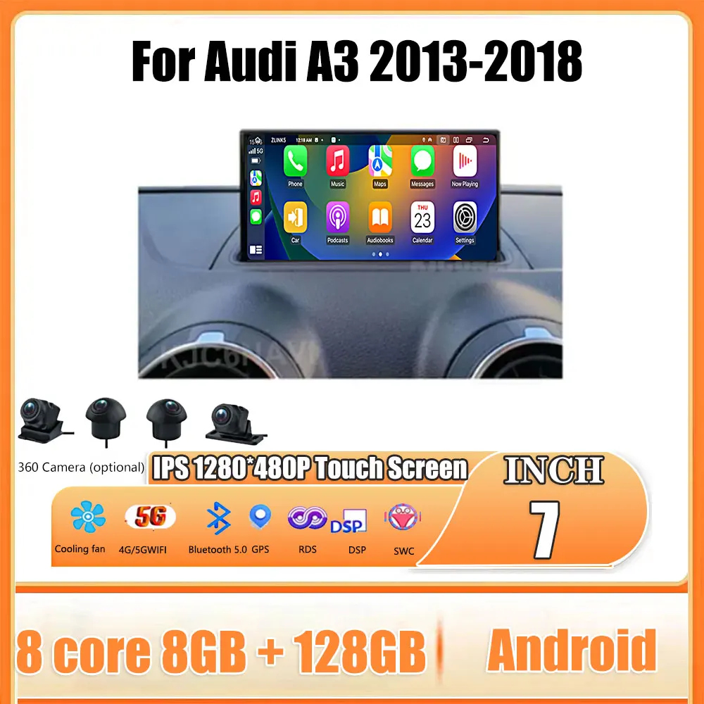 7 Inch For Audi A3 2013-2018 Android 14 Touch Screen Car Accessories Auto Carplay Monitors Multimedi Audio Video Radio Player