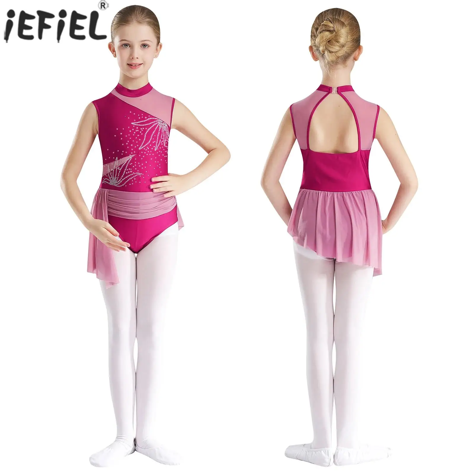Kids Girls Ballet Dance Figure Skating Rhythmic Gymnastics Performance Dancewear Sleeveless Shiny Rhinestone Sheer Mesh Leotards
