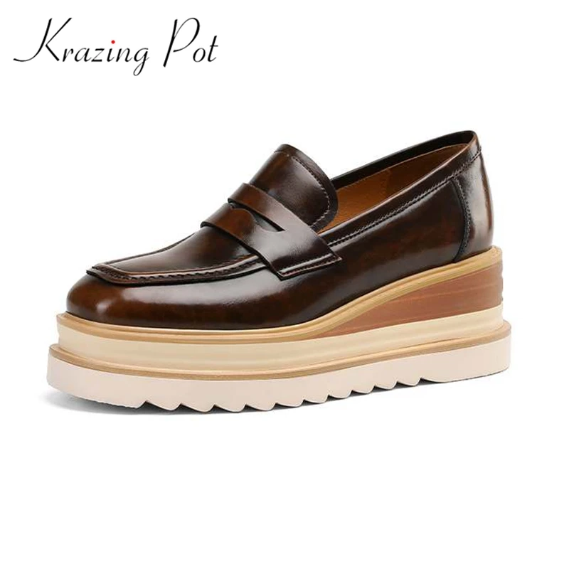 

Krazing Pot Cow Leather Slip On Spring Summer Flat Platform Shoes Runway Solid Classics Brand Preppy Style Concise Women Flats