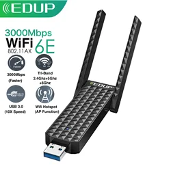 EDUP WiFi 6E USB Adapter 3000Mbps Wireless Network Card USB 3.0 Tri-Band 2.4G 5G 6G Wifi Receiver Wifi Hotspot and AP Function