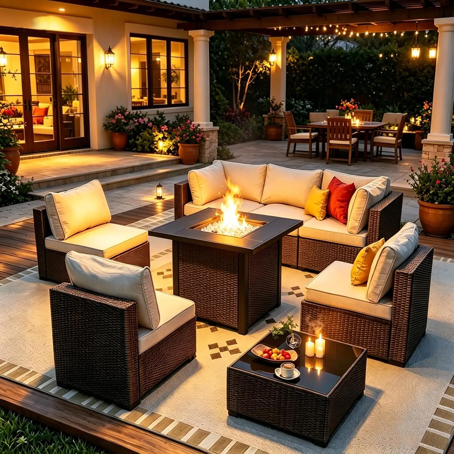 Outdoor Wicker Patio Furniture Set Fire Pit Sectional Sofa Foam Cushions Backyard Garden Deck, Customized