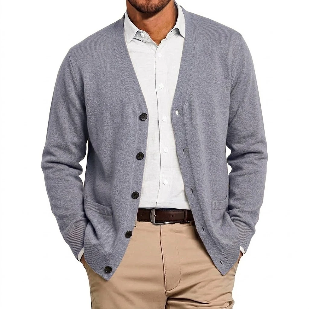 Herbst Herren V-Ausschnitt Strickjacke Pullover mit Knöpfen Langarm Strickpullover mit Taschen Lässiger Mantel Jacke für Männer – Detail 12