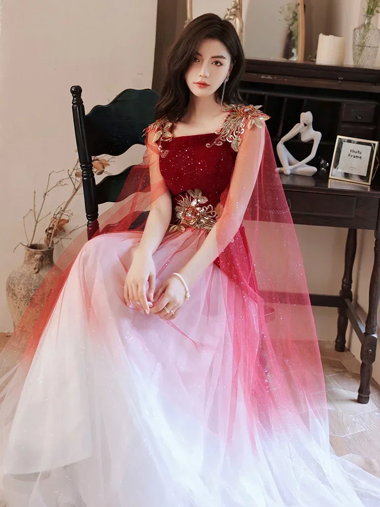 Customized Sleeveless Sling Evening Dresses Mesh Shawl Design Slim Waist Wedding Party Vestidos Elegant Ball Gown Appliques Long