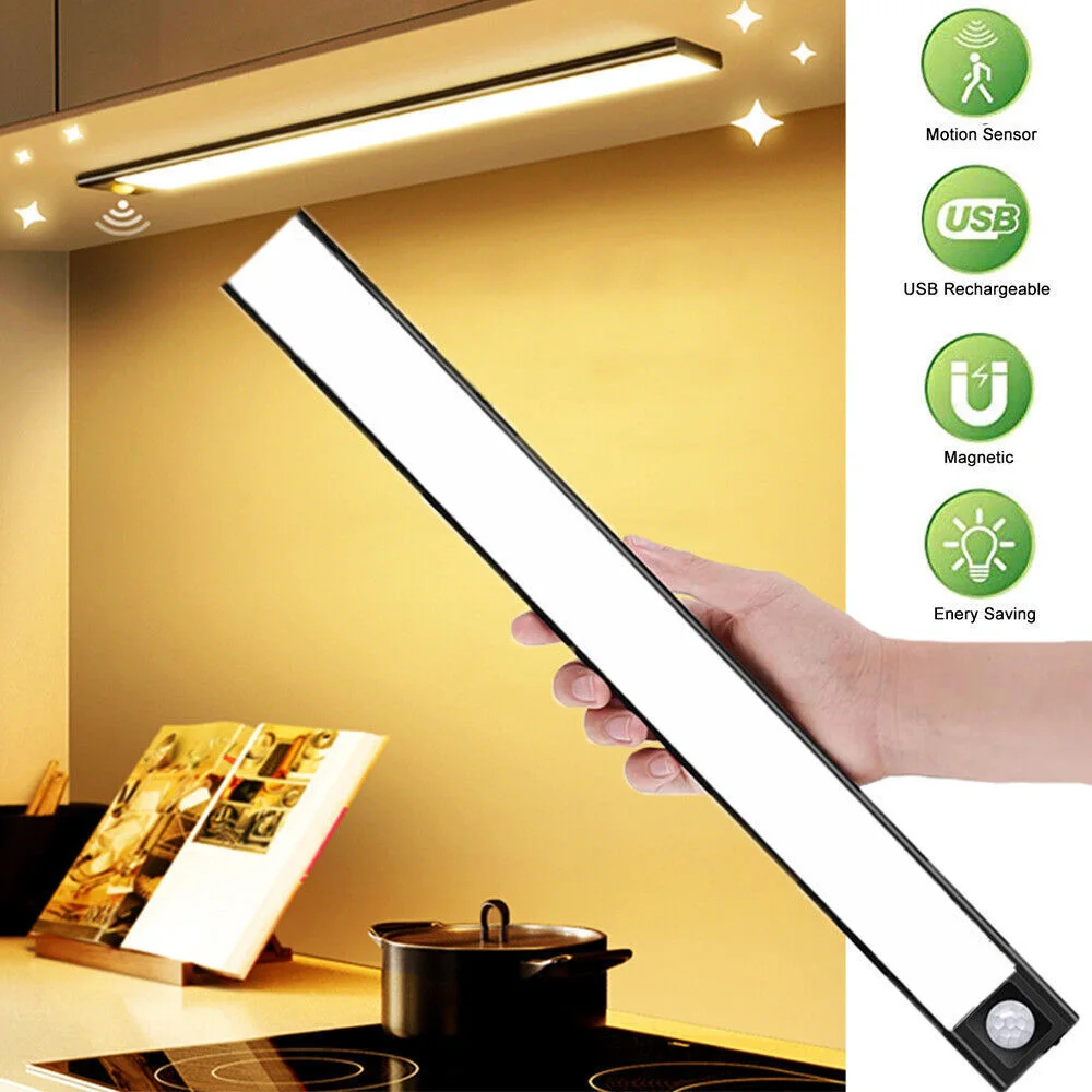 

USB Rechargeable LED Cabinet Light, Motion Sensor Closet Lamp, Night Light, 3 Colors, Kitchen, Wardrobe, Cupboard