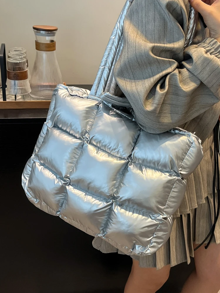 

New Space Cotton down Bag iny Plaid Cotton Coat Bag Large Capaci Single oulder Bag Axillary Bag Handheld Tote Bag