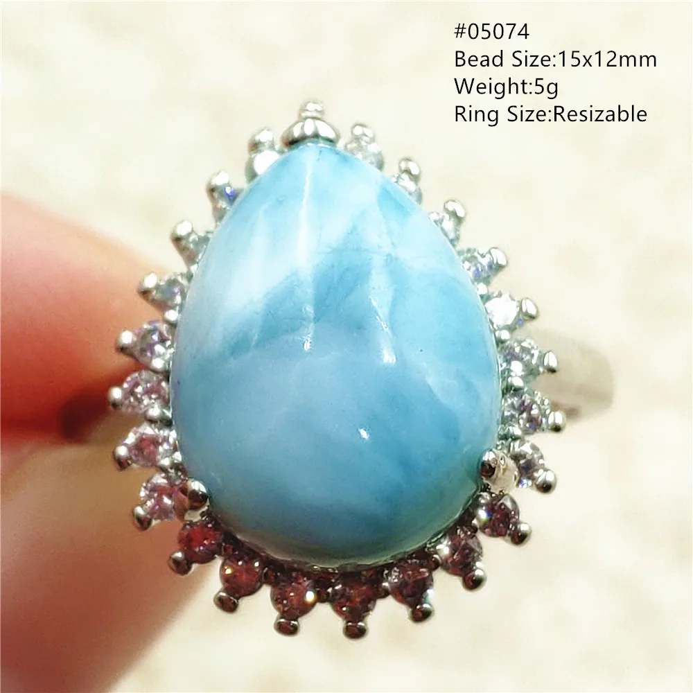 Natural Blue Larimar Adjustable Ring 925 Sterling Silver Larimar Gemstone Women Men Water Pattern AAAAA