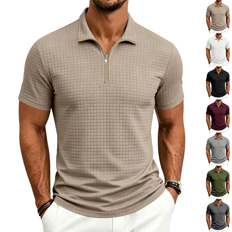 Men's Summer Men's Textured Checked Jacquard Casual Breathable Stand-up Neck Zipper POLO Shirt Short Sleeve