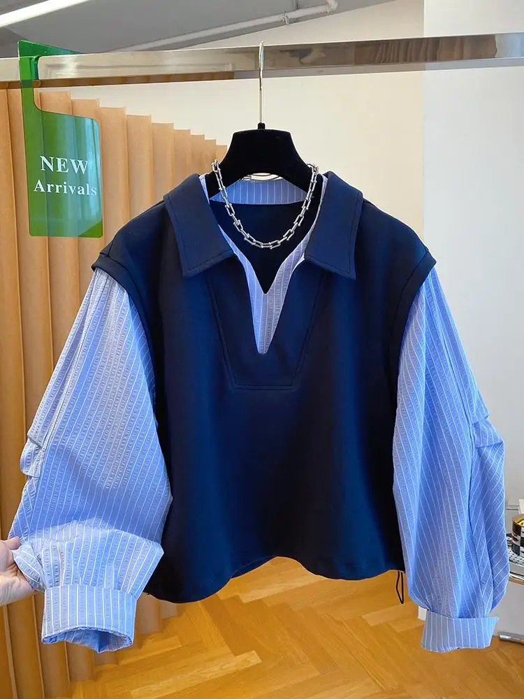 المرأة البلوز فضفاض هوديي الأزياء المتضخم هوديس عارضة تنوعا كسول نمط طويل الأكمام البلوز وهمية قطعتين