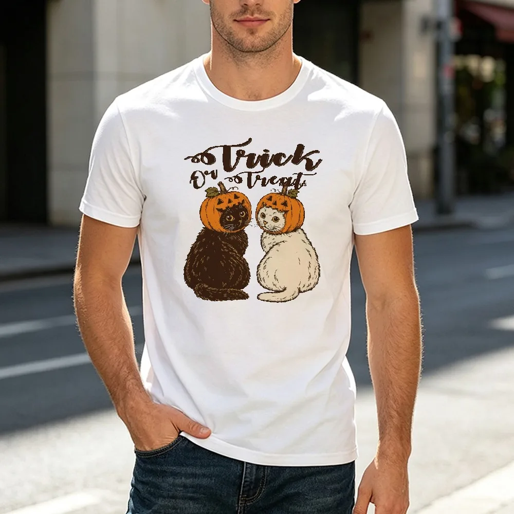 Halloween Pumpkin Cat Trick Men Funny Holiday T Shirt Spooky Cat Graphic Print Christmas Thanksgiving Party Outfit
