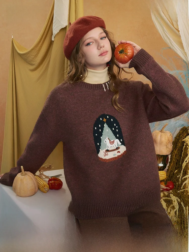 

Retro Sle Cisas Dr Women's Knitted Sweater round Ne Overhead Embroidery Rope Pulling Loose Fit Winter New Arrival