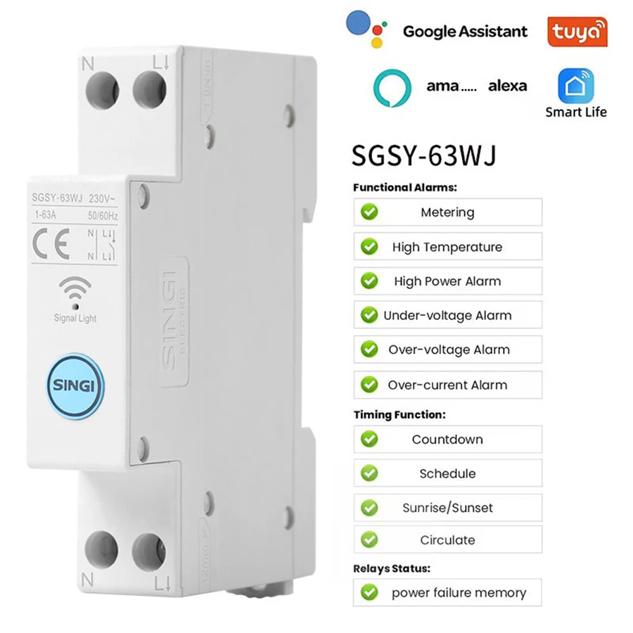 Tuya WiFi Smart Circuit Breaker MCB 1P+N 63A Timer Power Energy KWh Voltage Current Meter Protector Voice Remote Control Switch