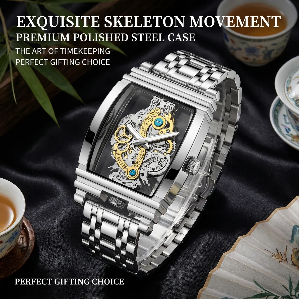 1pcs Skeleton Mechanical Watch Rectangular Case Stainless Steel Band Blue Accent Fashion Unique Stylish Wristwatch