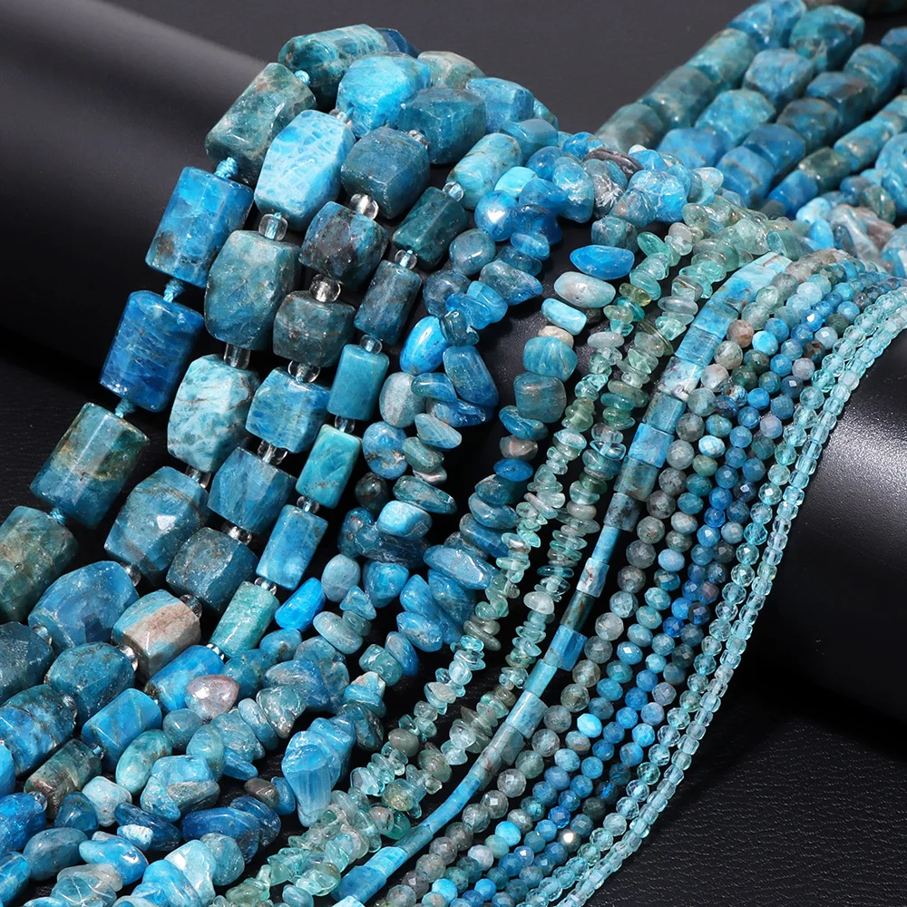 Natural Apatite Stone Faceted Round Beads Square Cube Chips Blue Stone Apatite Beads For Jewelry Making Necklace DIY Bracelet