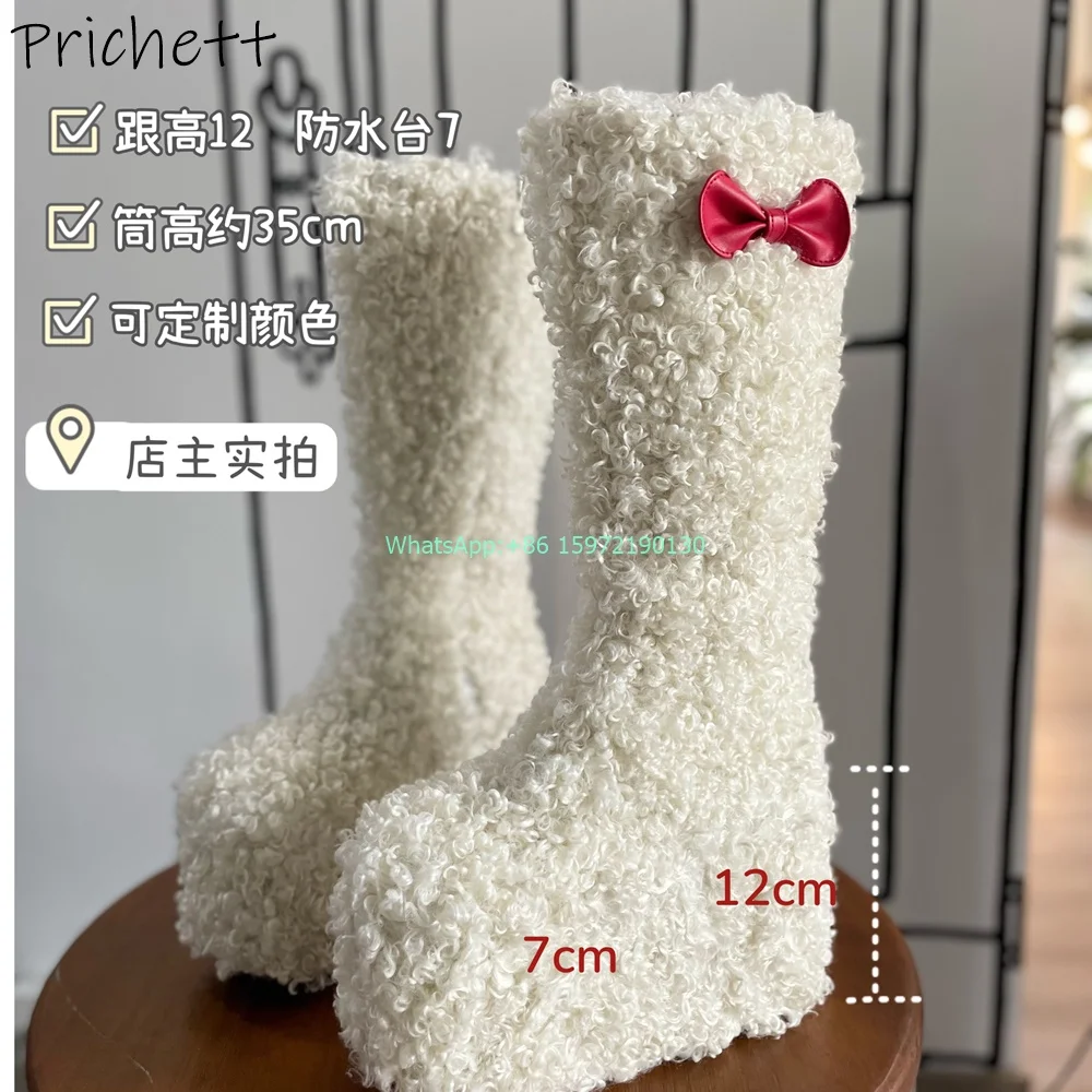 Thick Soled Soft Curly Furry Boots Butterfly Knot Round Toe Platform Side Zipper Shoes 12 Cm Hotties Sweet Knee High Boots