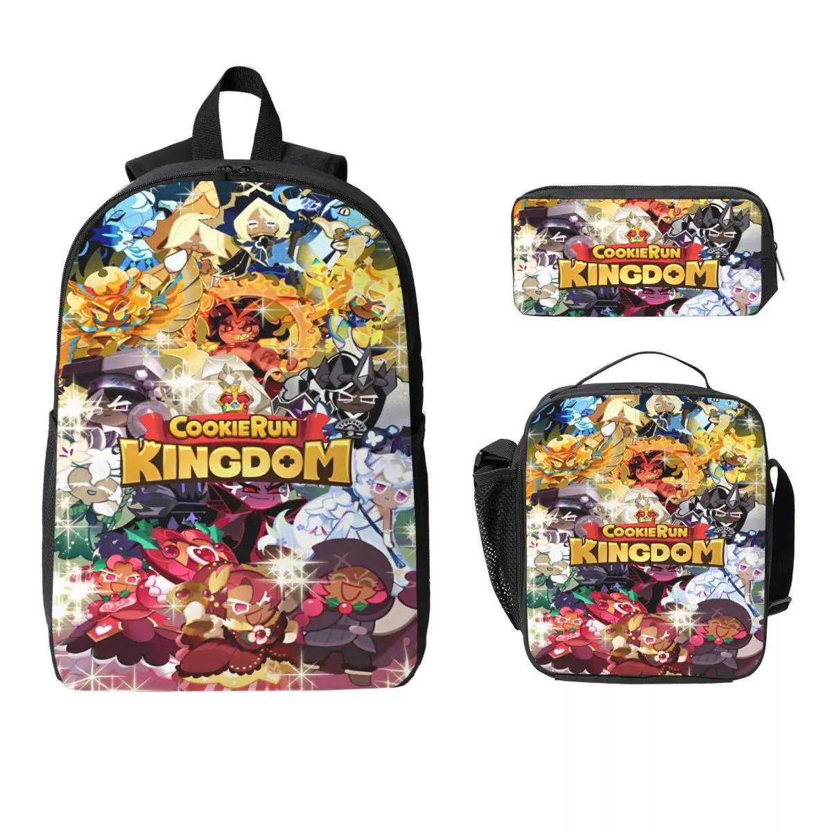 Ensemble de 3 sacs à dos Cookie Run Kingdom pour filles et garçons, sacs à stylos anime, ensembles de sacs à livres avec boîte à déjeuner pour écoliers