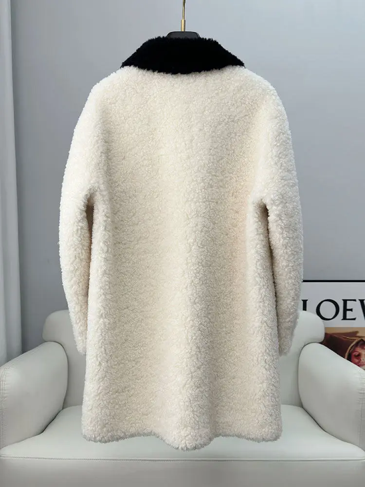 100 Wool double-breasted sheepskin and fur integrated women's mid-length lambskin coat 2025 Winter New style
