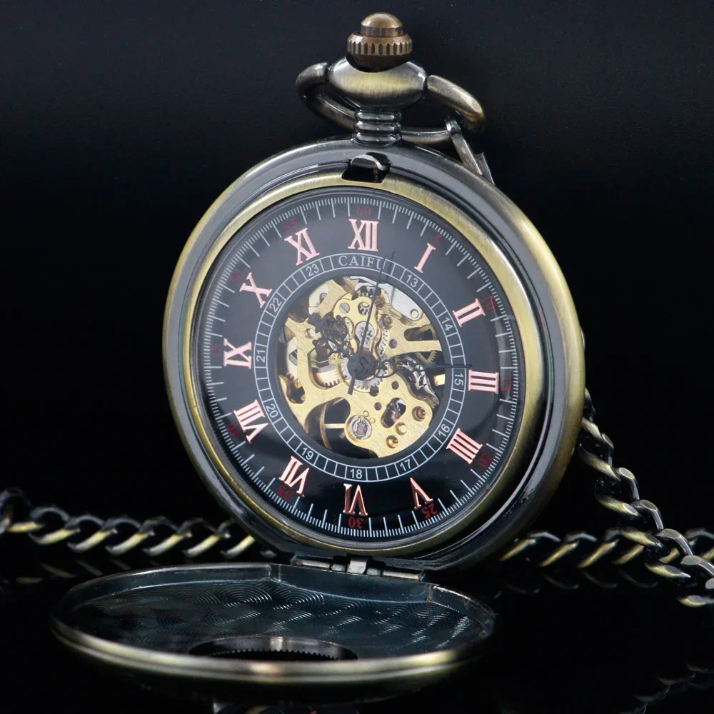 Solid Wood Mechanical Pocket Watch FOB Chain Locket Dial Hollow Steampunk Skeleton Men Women Mens Male Clock Watches