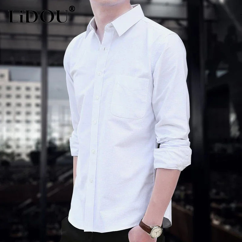 

2023 New Spring Autumn Business Casual Neat Capable Male Blouse Formal Loose Chic Shirt Solid Color Fashion Stand Collar Top Men