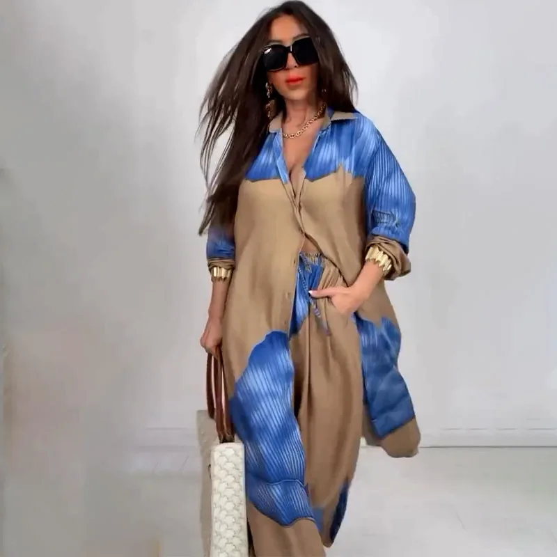 

Сексуальный топ средней длины, широкие брюки, комплект из двух предметов, модный ансамбль с принтом для молодых женщин, лето 2025